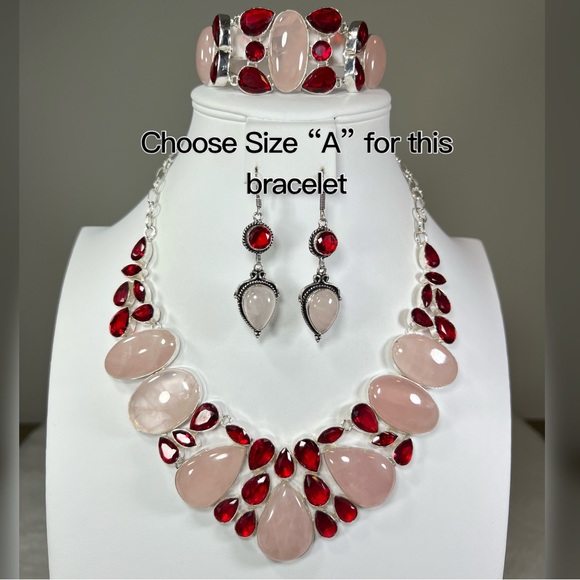 Rose Quartz Garnet 925 Large Necklace Bracelet Earrings - Picture 3 of 16
